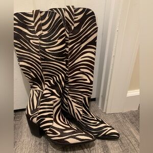 Zebra Cow real fur leather boots, 8, worn once.